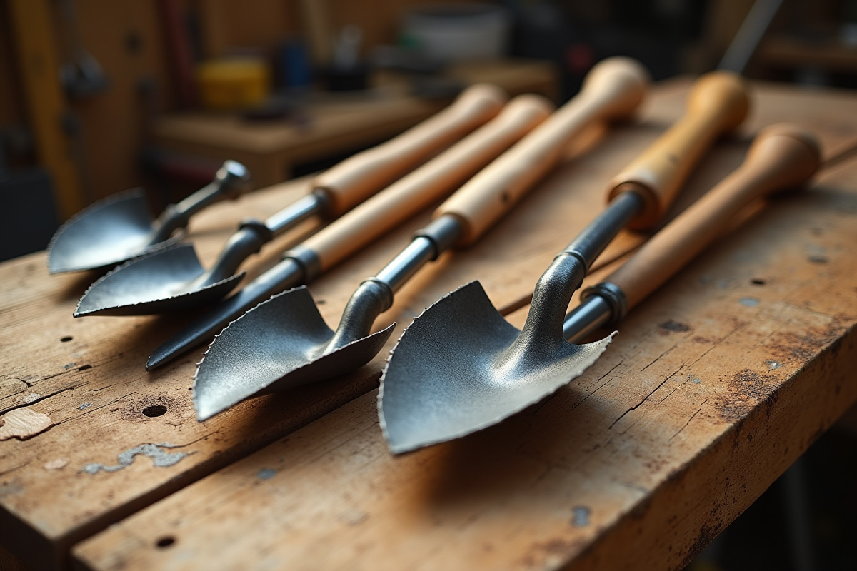 Différents outils de creusage de poteaux posés sur un plan de travail en bois