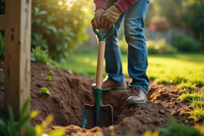 Personne utilisant une pelle manuelle pour creuser un trou dans un jardin ensoleille