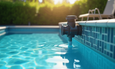 Filtration de piscine moderne avec eau claire et végétation