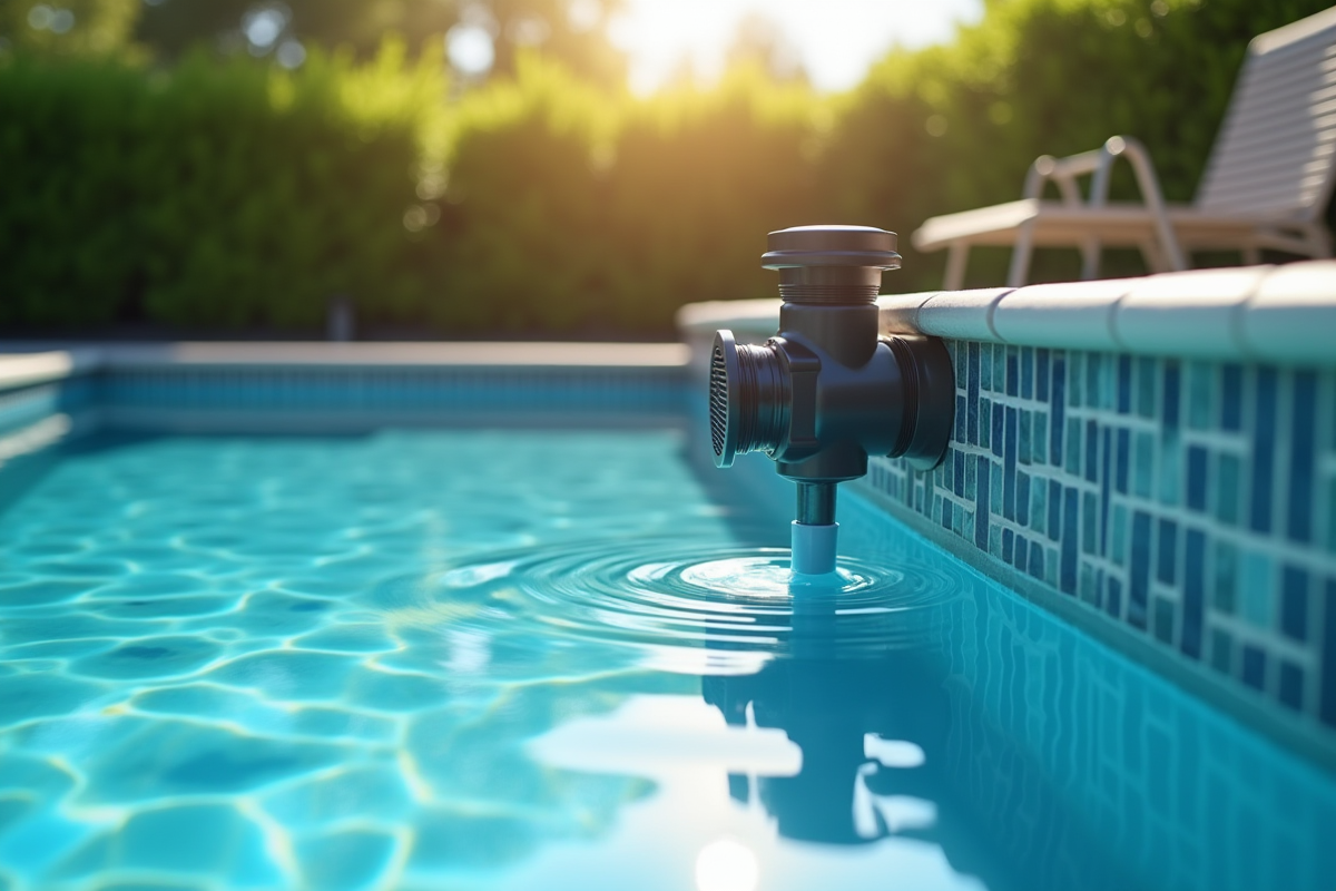 Filtration de piscine moderne avec eau claire et végétation