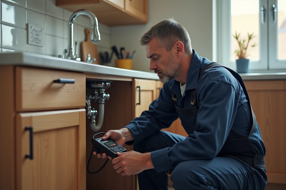 Plombier homme examine une canalisation sous évier moderne