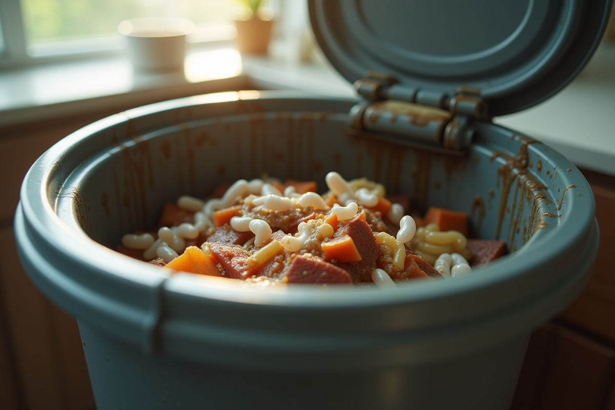 Poubelle de cuisine ouverte avec des asticots sur les déchets