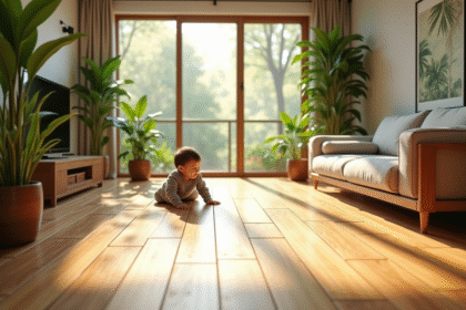 Salon moderne avec parquet en bambou et enfant jouant