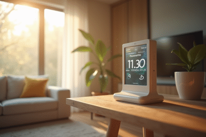 Salon moderne avec moniteur qualité de l air dégradée