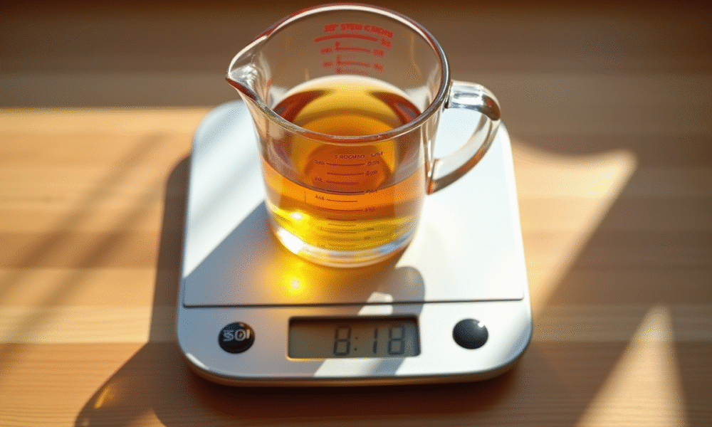 Verre mesureur rempli de liquide sur balance de cuisine