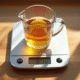 Verre mesureur rempli de liquide sur balance de cuisine