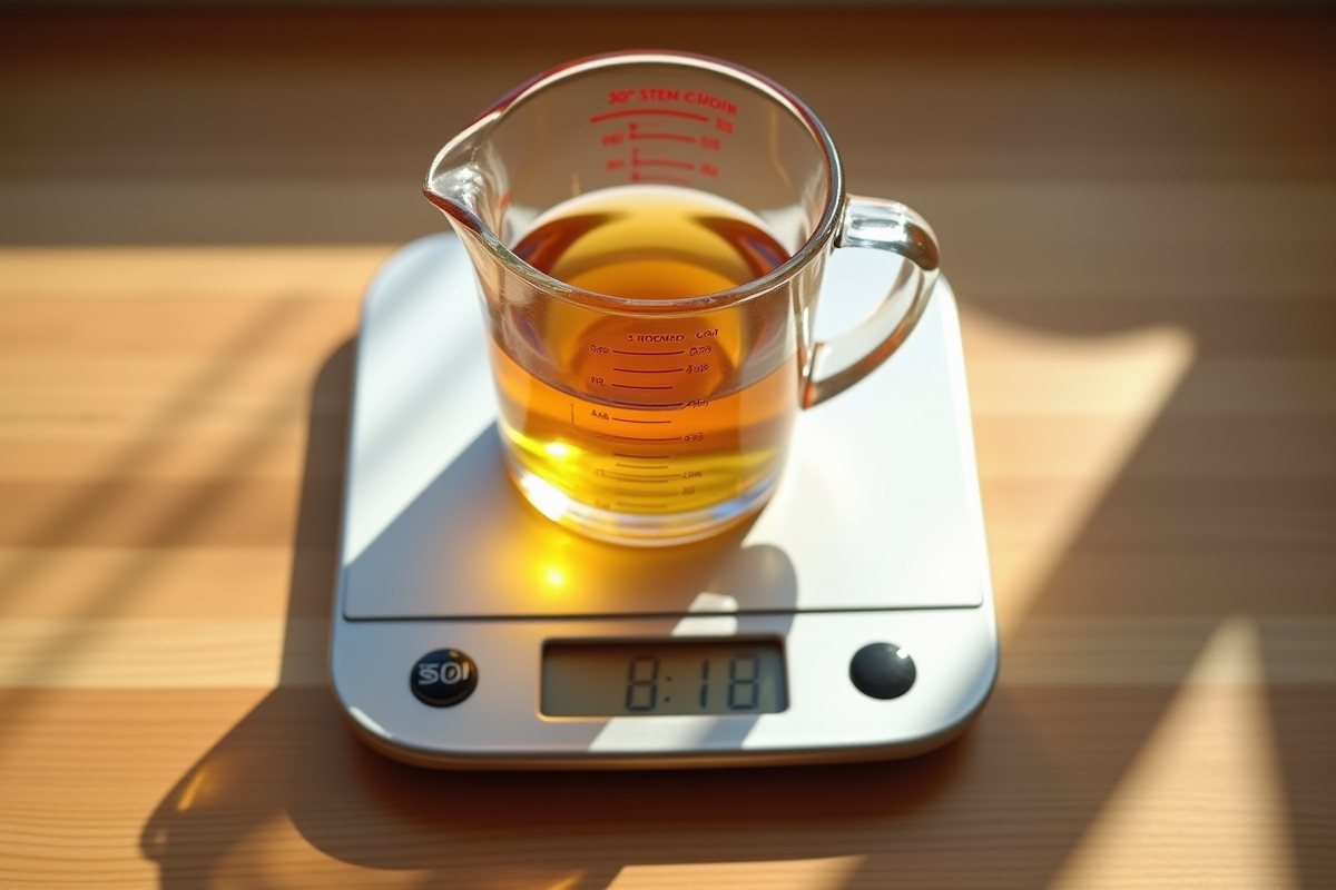 Verre mesureur rempli de liquide sur balance de cuisine